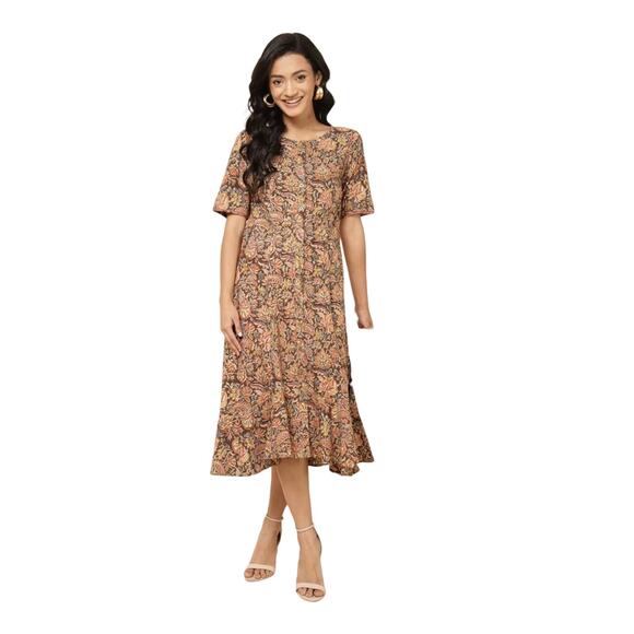 Fabindia Size Sml Mustard Brown Button Midi Cotton Dress Tiered Boho Lagenlook - Picture 2 of 10